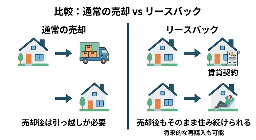 通常の売却とリースバックの比較図。引越しが必要な通常売却に対し、同じ家に住み続けられる違いを解説。